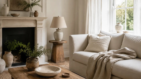 Warm neutral sitting room with textured cushions, a natural throw and simple stoneware