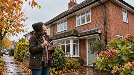 Homeowner making a gutter map safely from ground level outside a British house