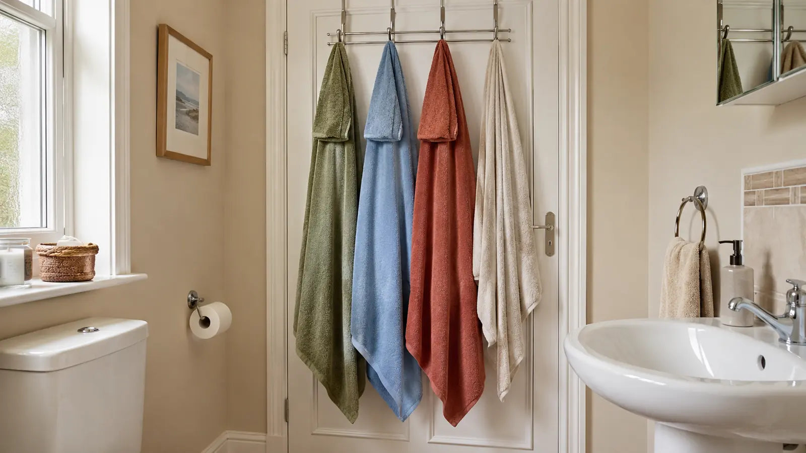 Four guest towels in distinct muted colours hanging separately in a compact bathroom