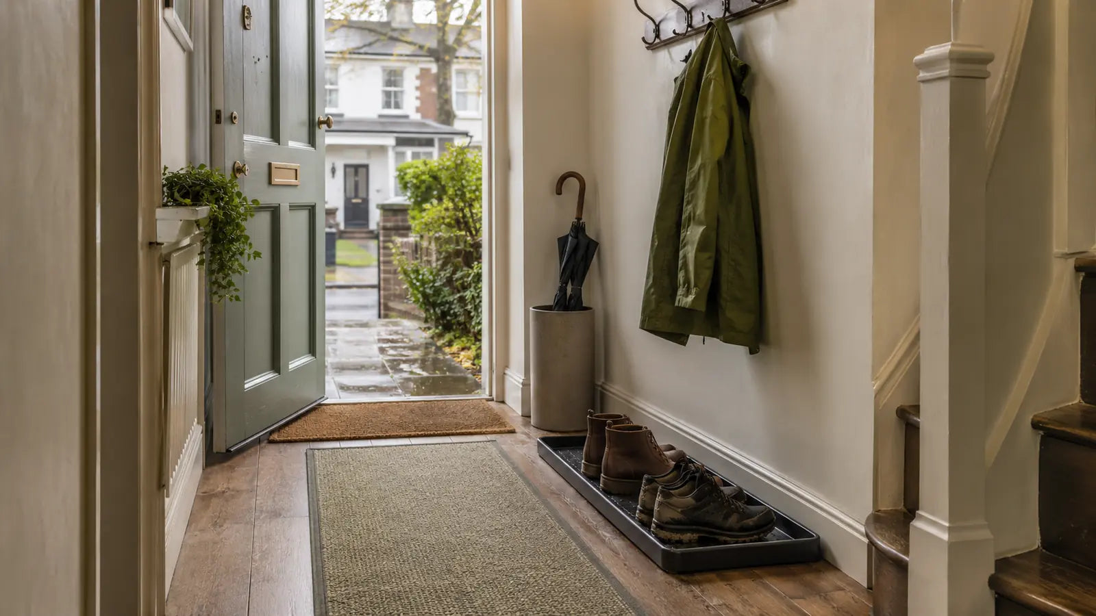 British hallway with flat mats, boot tray and clear wet-weather route