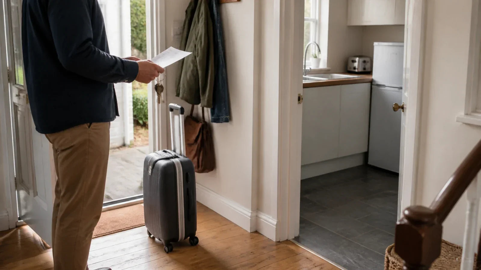 A suitcase by the front door while a homeowner completes a final home checklist