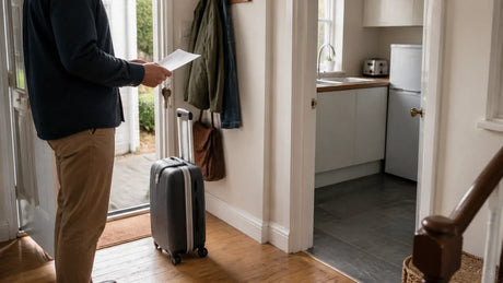 A suitcase by the front door while a homeowner completes a final home checklist