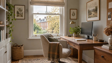 A home office desk positioned side-on to a sash window to reduce screen glare