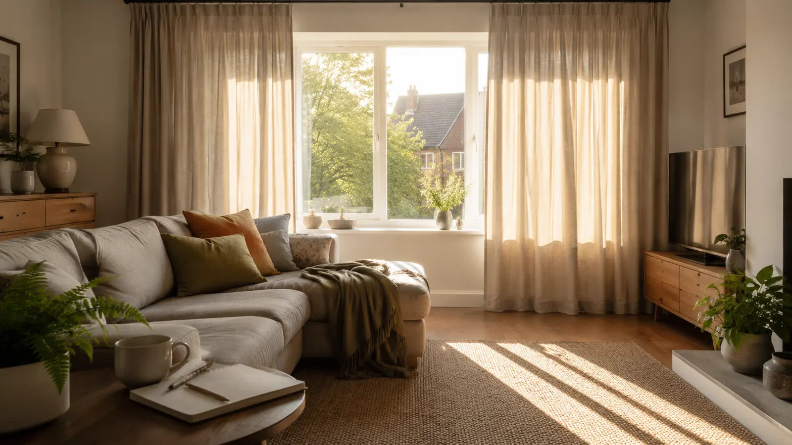 Sunlit British living room with curtains partly closed and a notebook ready for a home overheating map