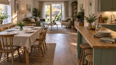 Open-plan UK home with a guest table and a separate serving zone