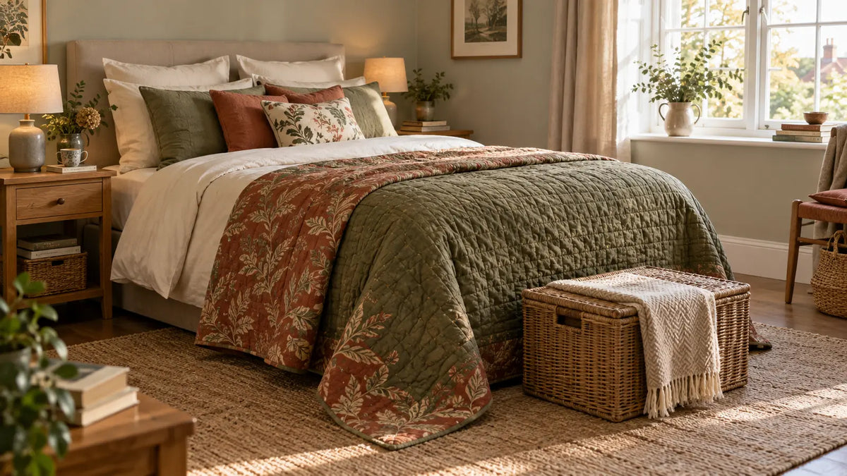 Quilted bedspread draped over a cream bed to check its side drop and floor clearance