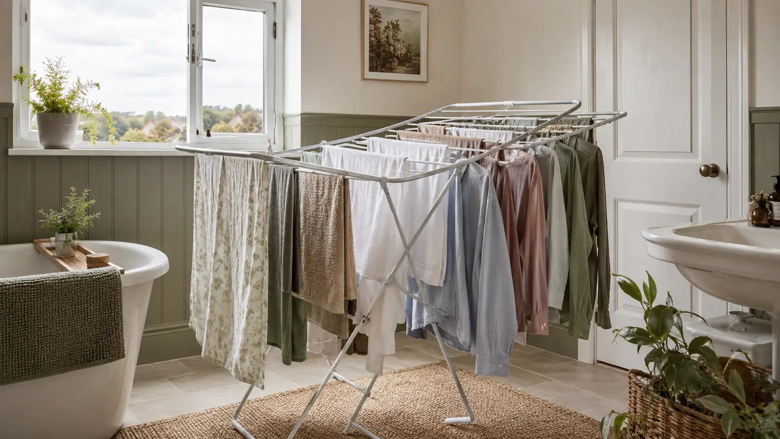 Clothes airer with spaced laundry in a ventilated bathroom