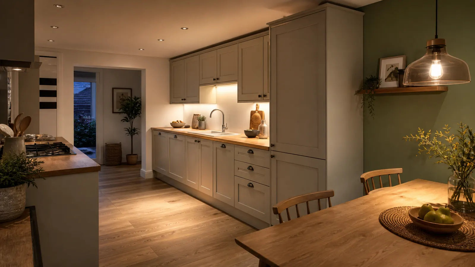British kitchen with ceiling, worktop and dining lights on at dusk