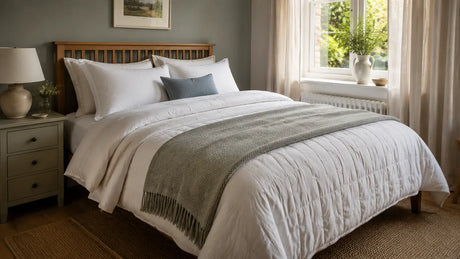 Layered late-summer bed with cotton bedding and a light woven throw