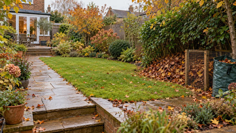 British back garden with a clear path, lifted lawn leaves and a sheltered leaf pile