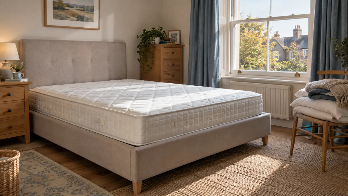 Bare mattress airing beside an open window before autumn bedding is added