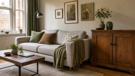 Modern living room with an older wooden sideboard, contemporary sofa and softly coordinated furnishings