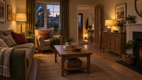 Warm living room with three pools of light and the ceiling light switched off