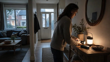Homeowner placing a torch and power bank in a hallway before a power cut