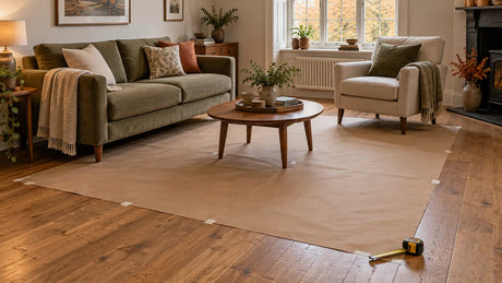Warm British living room with kraft paper marking a full-size rug footprint beneath the furniture