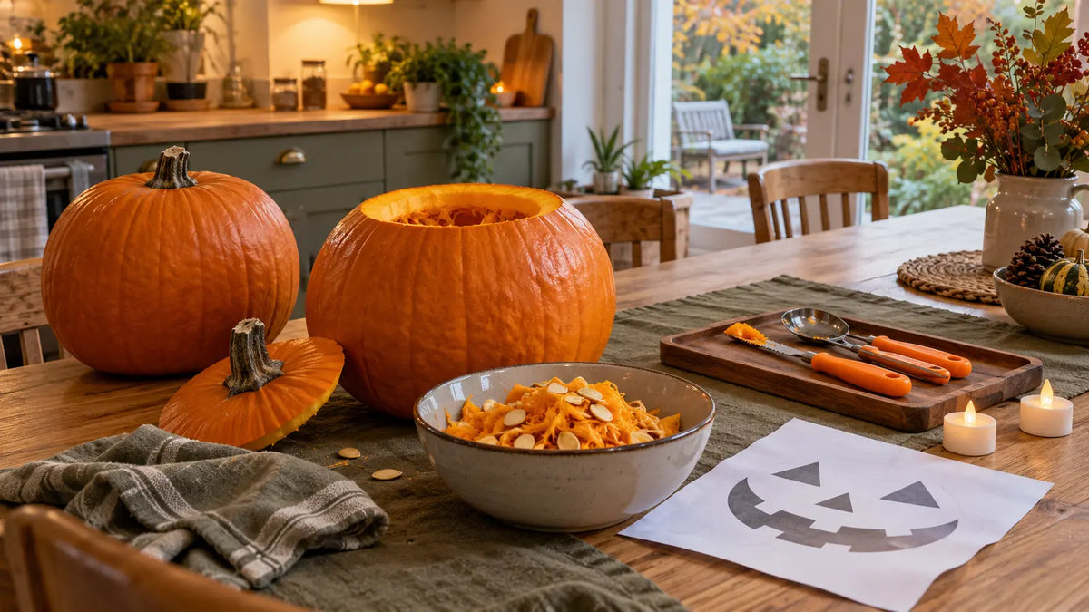 Pumpkin carving arranged in three clear zones on a British kitchen table