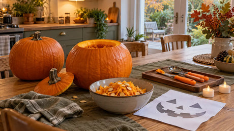 Pumpkin carving arranged in three clear zones on a British kitchen table
