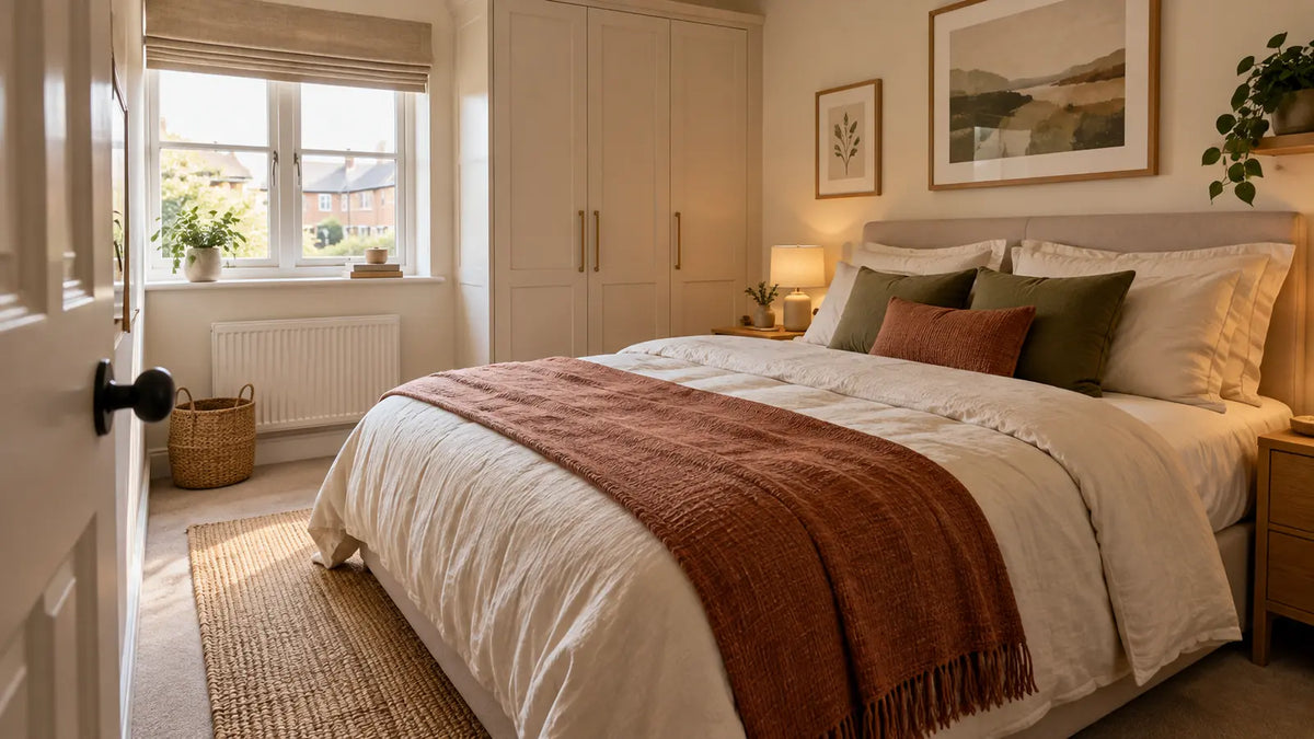 Compact cream bedroom with a large double bed, clear doorway route and fitted wardrobe
