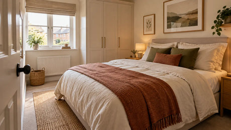Compact cream bedroom with a large double bed, clear doorway route and fitted wardrobe
