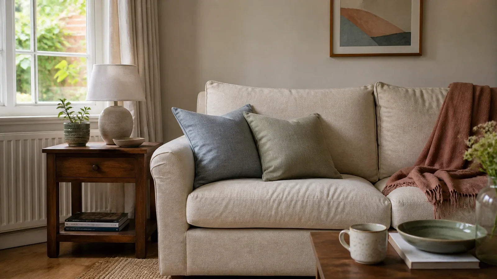 A calm living room using oatmeal, dusty blue, sage, clay and walnut tones