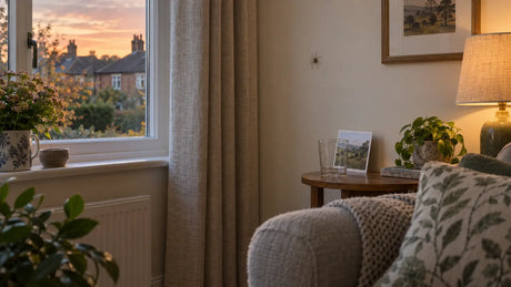 Calm living room at dusk with a small house spider and catch-and-release kit