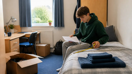 Student checking university accommodation details beside moving boxes in a compact halls bedroom