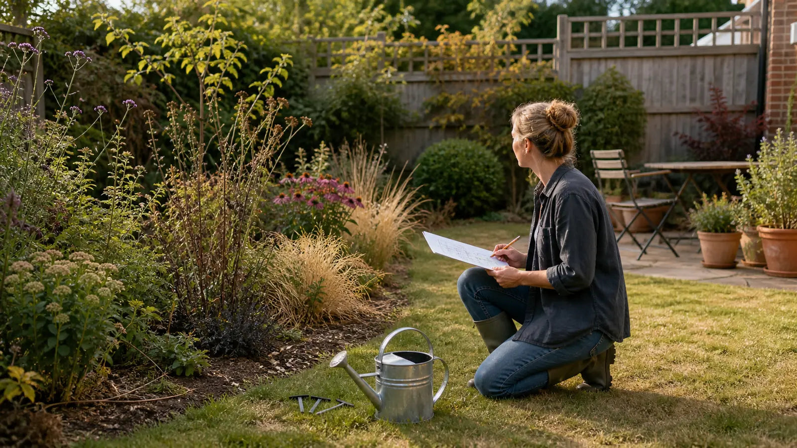 Gardener making notes beside a dry late summer border in a British garden