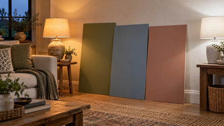 Paint sample boards compared under warm and neutral lamps at dusk