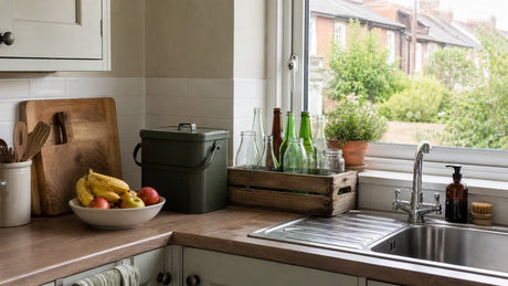 A clean lived-in kitchen with a fruit bowl, lidded food caddy and rinsed recycling