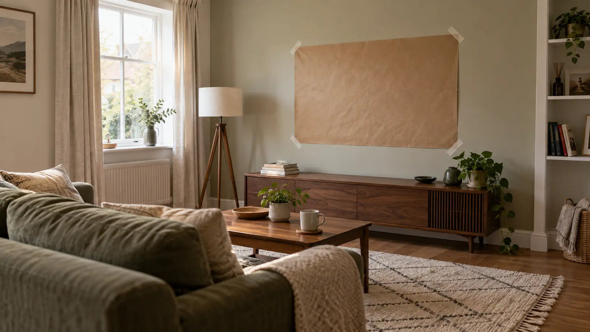 Warm British living room with a full-size paper television template taped above a media unit