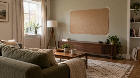 Warm British living room with a full-size paper television template taped above a media unit