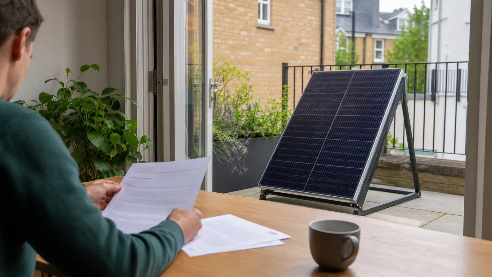 A homeowner reviews paperwork beside a small solar panel on a British balcony