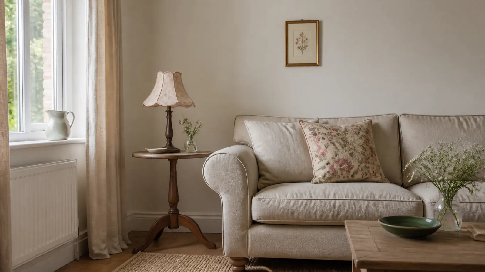 Calm living room with a scalloped lamp, floral cushion and small vintage picture