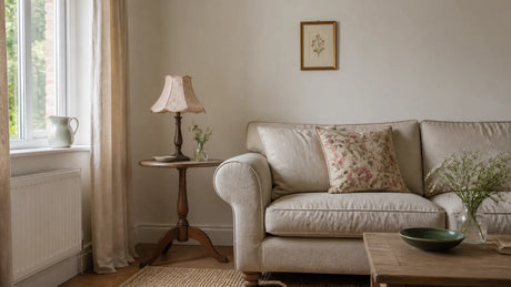 Calm living room with a scalloped lamp, floral cushion and small vintage picture