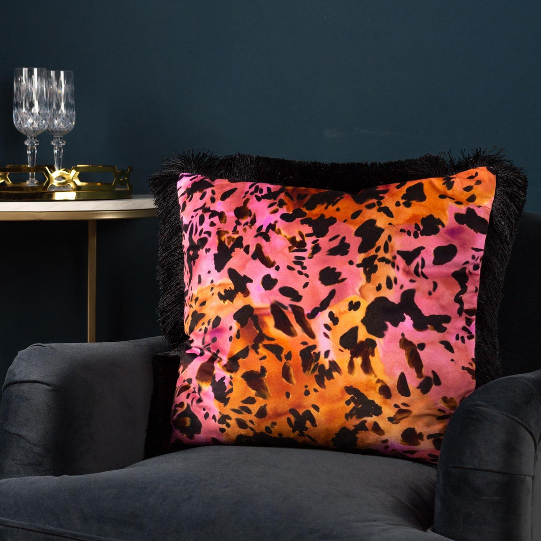 Colette Animal Print Fringed Velvet Cushion Cover