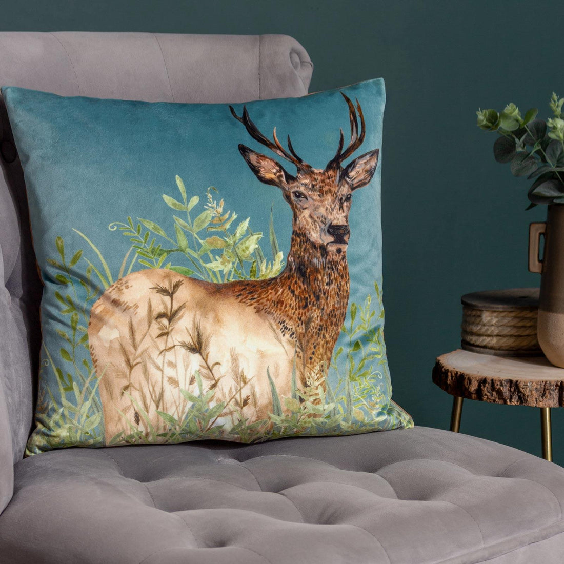 Willow Stag Cyan Velvet Cushion Cover 43cm x 43cm