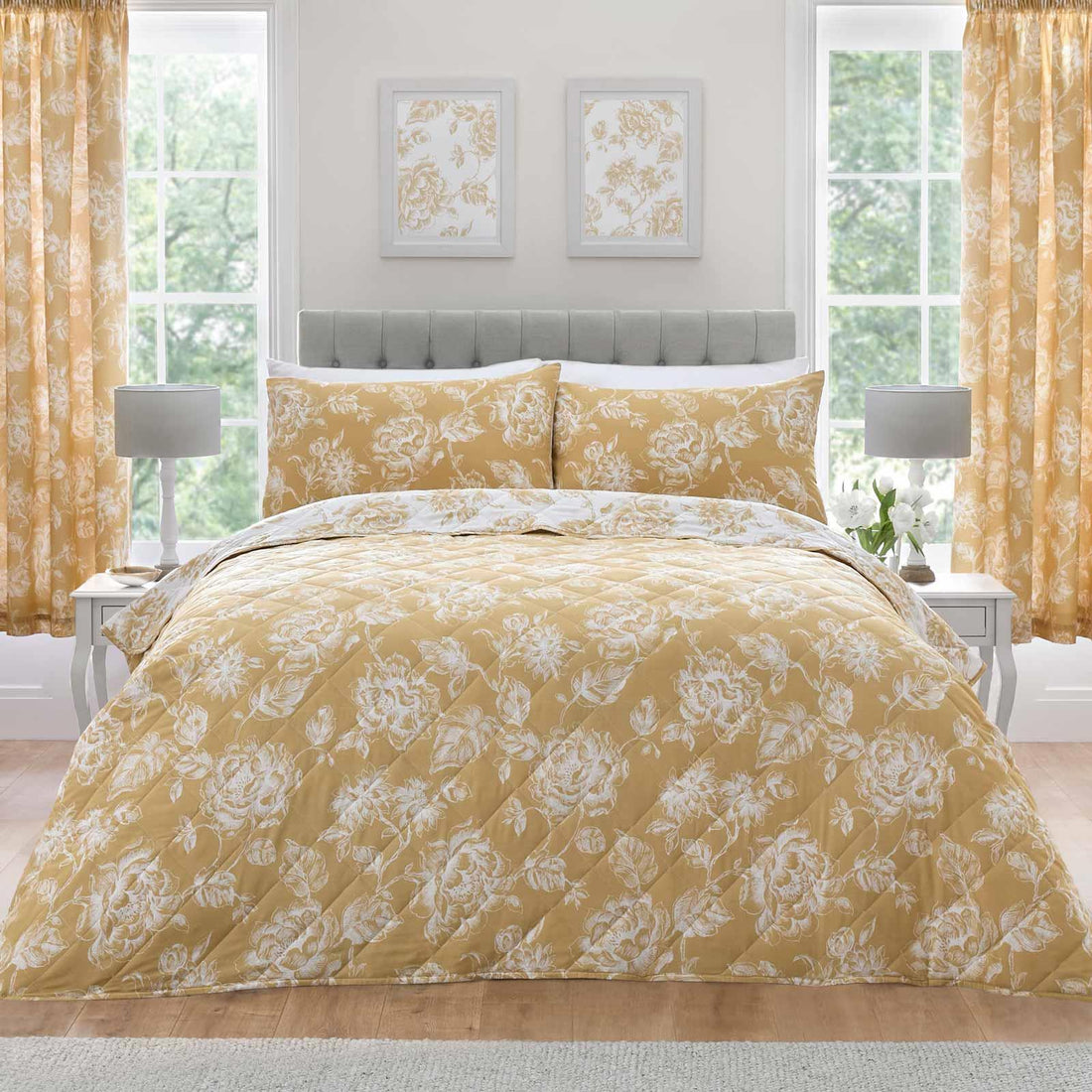 Mishka Quilted Floral Bedspread Gold