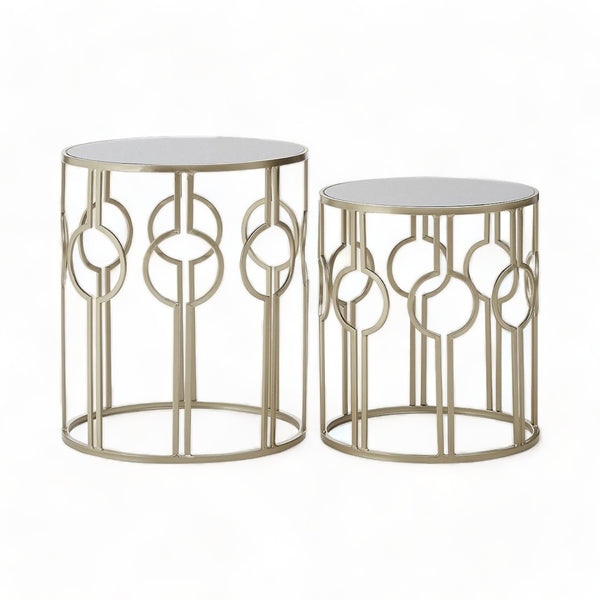 Set of 2 Champagne Iron Round Mirrored Glass Side Tables