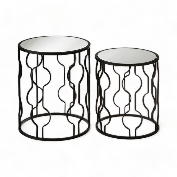 Set of 2 Monochrome Contemporary Iron Side Tables with Mirrored Glass Top
