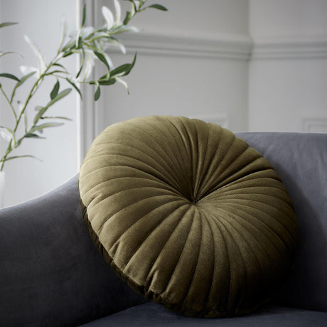 Catherine Lansfield Pleated Round Button Filled Cushion - Olive