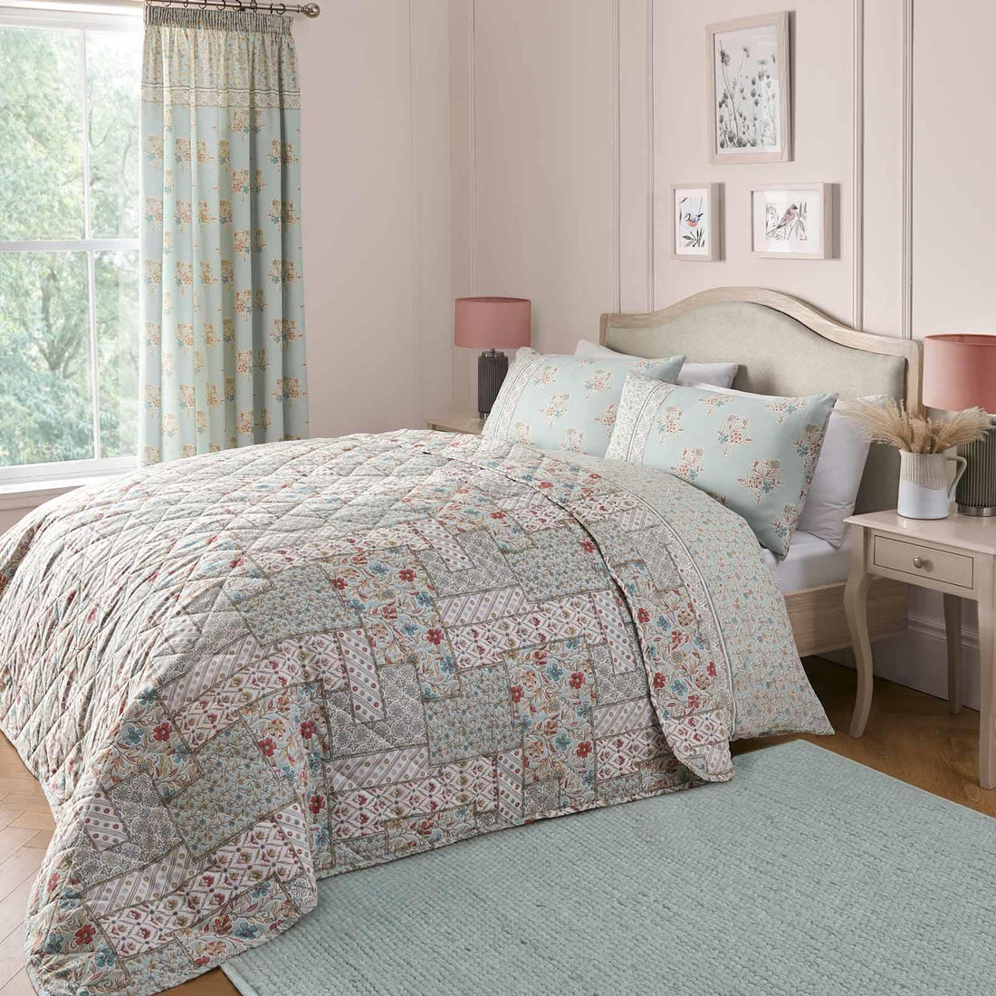 Lorena Patchwork Quilted Bedspread Duck Egg