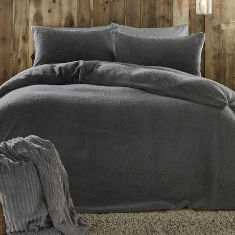 Sherpa Teddy Fleece Charcoal Duvet Cover Set