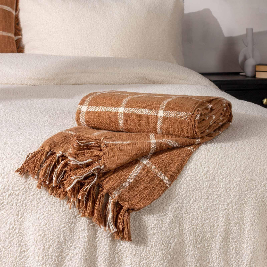 Beni Woven Tasselled Ginger + Natural 100% Cotton Throw Blanket 130cm x 180cm