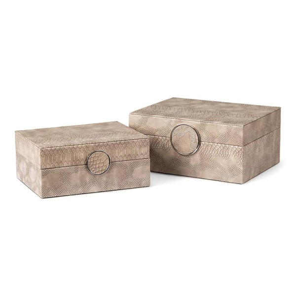 Set of 2 Taupe Faux Snake Leather Jewellery Boxes - Gold, 12.5cm