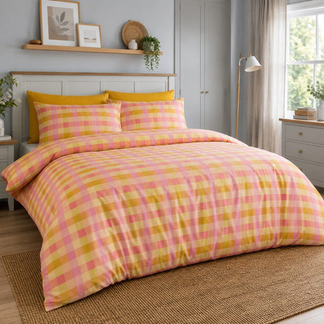 Block Check Cotton Blend Duvet Cover Set - Orange