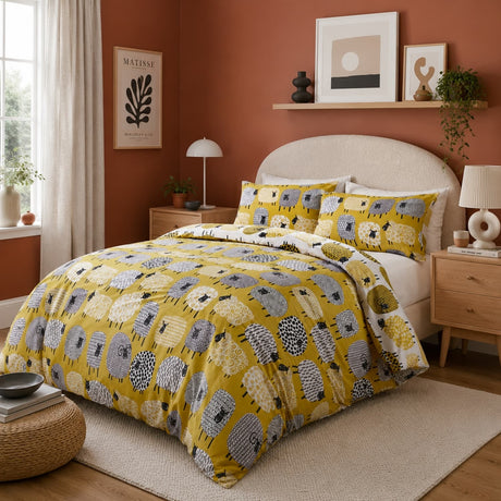 Dotty Sheep Polycotton Duvet Cover Set - Ochre