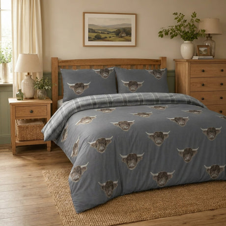 Highland Cow Duvet Cover Set - Grey