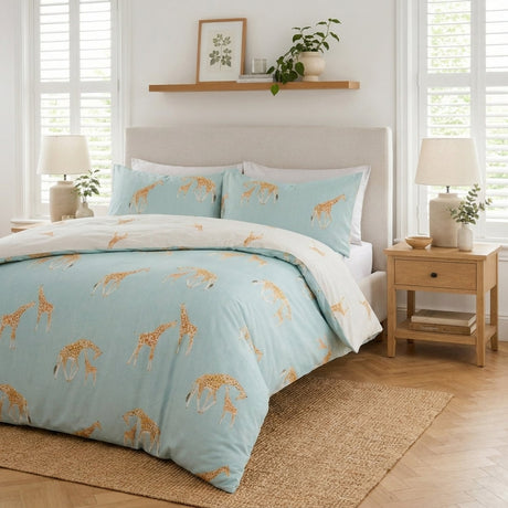 Milo Giraffe Reversible Polycotton Duvet Cover Bedding Set - Duck Egg