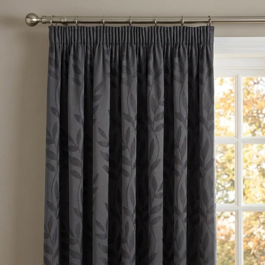 Tivoli Leaf Jacquard Lined Tape Top Pencil Pleat Curtains - Charcoal image 2