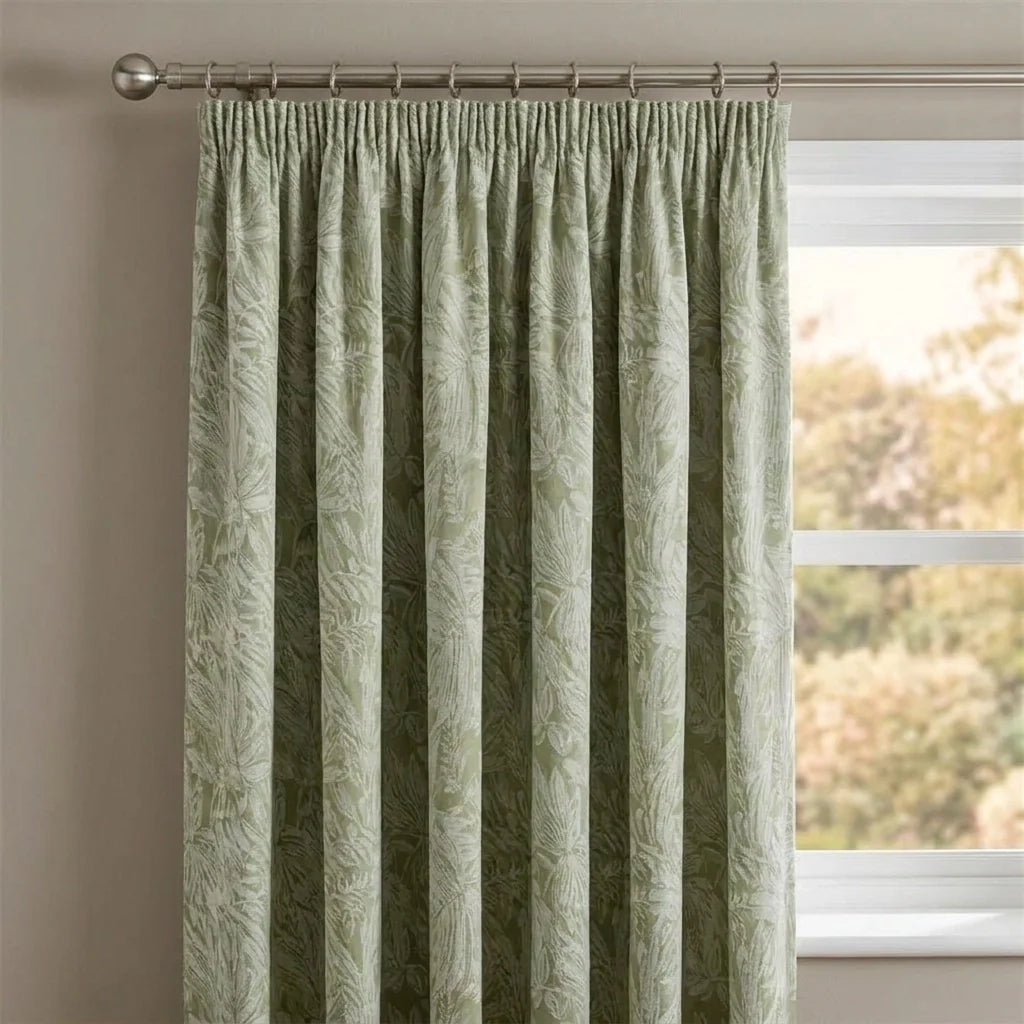 Botanic Lined Tape Top Pencil Pleat Curtains - Green image 2